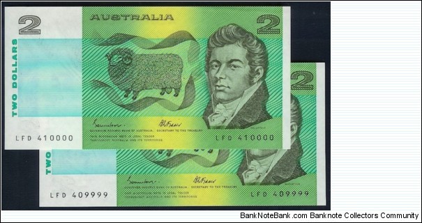 1985 $2 note pair with nice serial number 40999-41000 Banknote