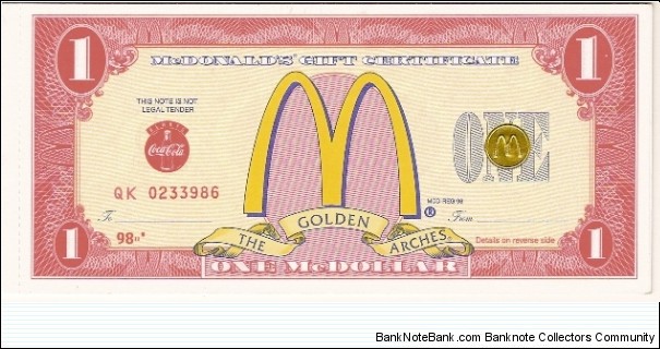 One of a book of MacDonald's coupons for Halloween good for USD1 toward purchase. Banknote