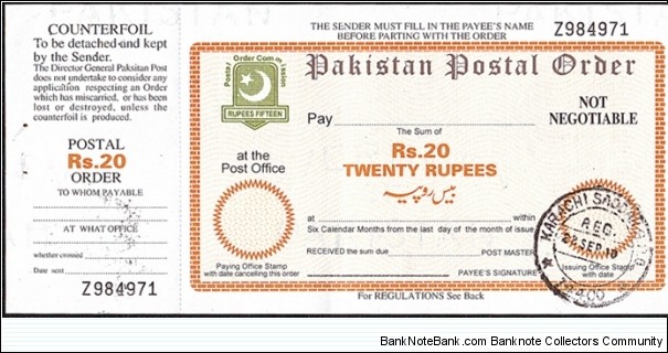 Pakistan 2010 20 Rupees postal order. Banknote