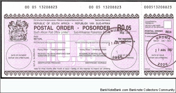 South Africa 1997 5 Cents postal order. Banknote