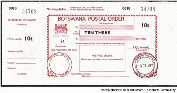 Botswana 1992 10 Thebe postal order. Banknote
