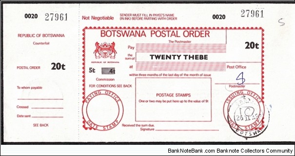 Botswana 1992 20 Thebe postal order. Banknote