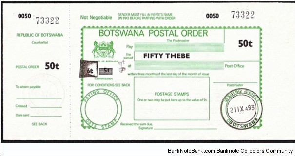 Botswana 1993 50 Thebe postal order. Banknote