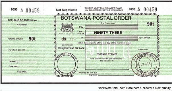 Botswana 1993 90 Thebe postal order. Banknote