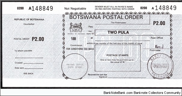 Botswana 1992 2 Pula postal order. Banknote