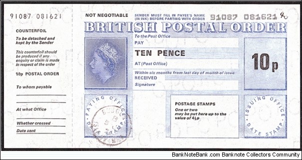 Isle of Man 1973 10 Pence postal order.

Datestamp applied incorrectly on the paying office's box instead of the issuing office's box. Banknote