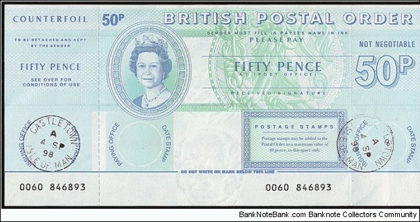 Isle of Man 1998 50 Pence postal order. Banknote
