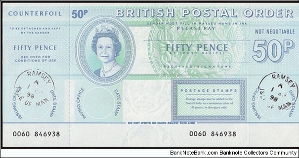 Isle of Man 1998 50 Pence postal order. Banknote