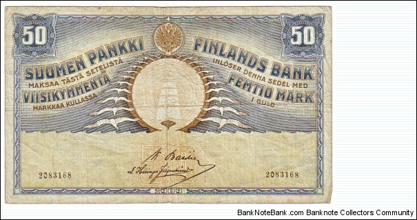 50 Markkaa 1909
Rare
Banknote size 154 X 93mm (inch 6,063 X 3,66) This note is made of 29.10-05.11.1917 Banknote