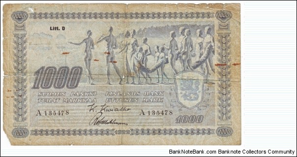 1000 Markkaa Serie A Litt.D  
Rare
Banknote size 203 X 120mm (inch 7,99 X 4,72) This note is made of 11.10-13.10.1939 Banknote