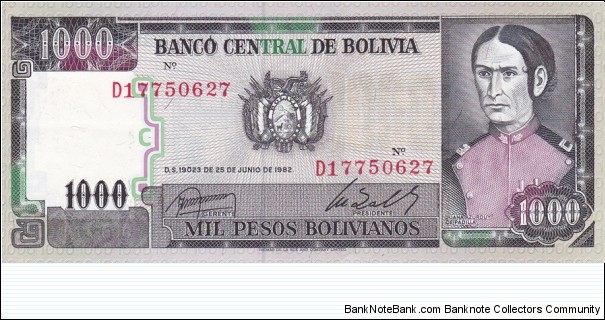 Bolivia P167a (1000 pesos bolivianos 25/6-1982) Banknote