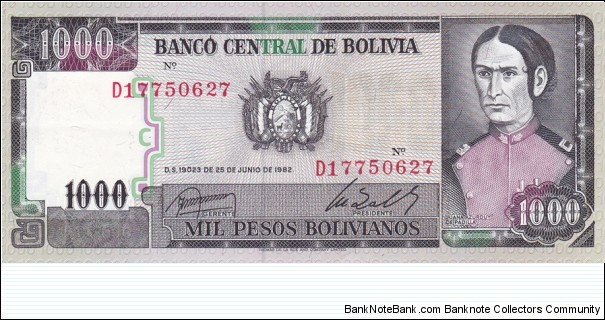 Bolivia P167a (1000 pesos bolivianos 25/6-1982) Banknote