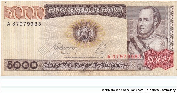 Bolivia P168a (5000 pesos bolivianos 10/2-1984) Banknote