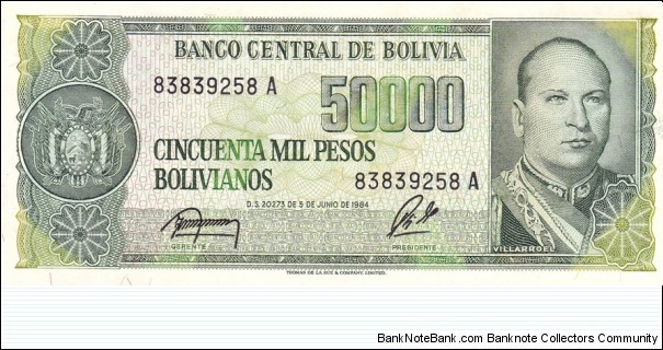 Bolivia P196 (5 centavos on 50000 pesos bolivianos ND 1987) Banknote