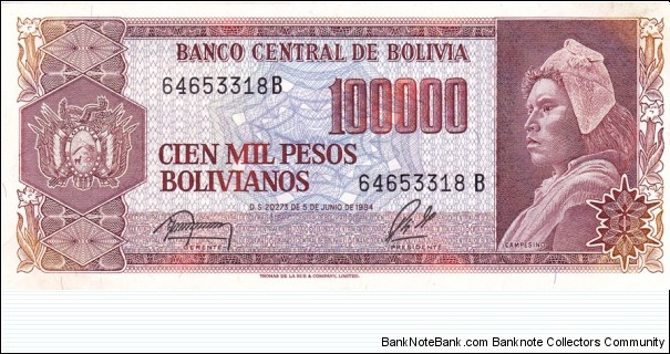 Bolivia P171a (100000 pesos bolivianos 5/6-1984) Banknote