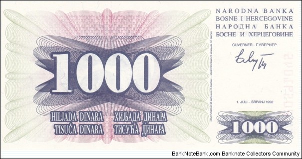 Bosnia-Hercegovina P15a (1000 dinara 1/7-1992) Banknote