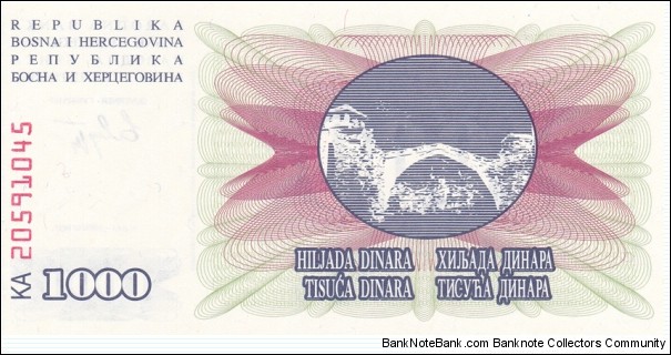 Banknote from Bosnia year 1992