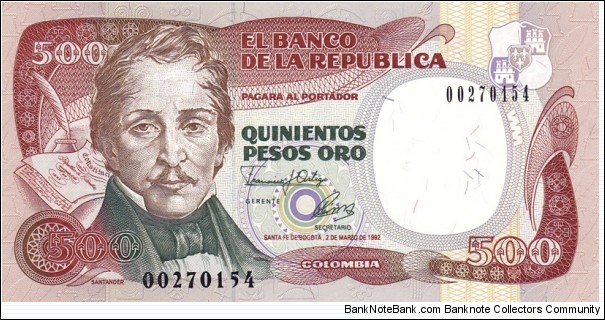 Colombia P431A (500 pesos oro 2/3-1992) Banknote