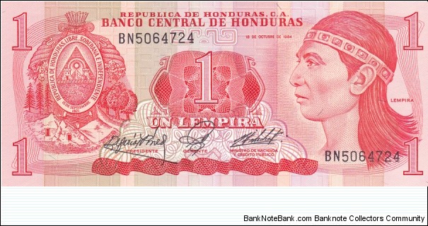 Honduras P68a (1 lempira 18/10-1984) Banknote