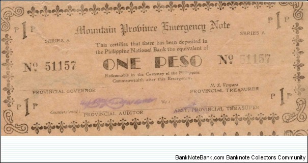 S-601 RARE Mountain Province Emergency 1 Peso error note with blank reverse. Banknote
