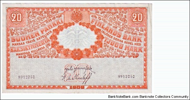 20 markkaa 1909 

Rebellion of the government printing of banknotes 

Banknote size 141 X 84mm (inch 5,551 X 3,307) 

This note is made of 07.03.1918 Banknote