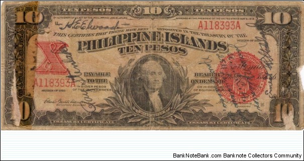 PI-83 RARE Philippine Islands Ten Peso note, (Short Snorter) Banknote