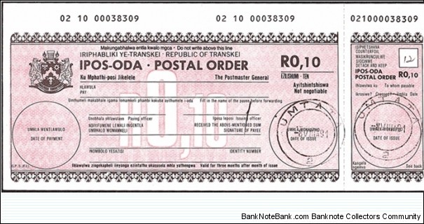 Transkei 1991 10 Cents postal order. Banknote