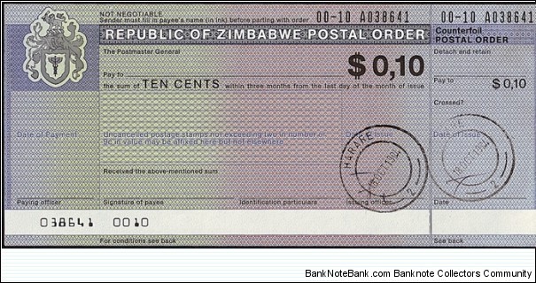 Zimbabwe 1994 10 Cents postal order. Banknote