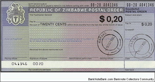 Zimbabwe 1994 20 Cents postal order. Banknote