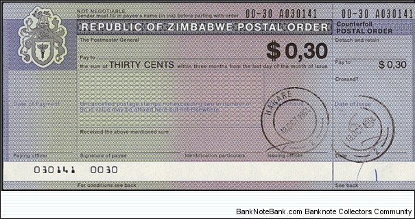 Zimbabwe 1994 30 Cents postal order. Banknote