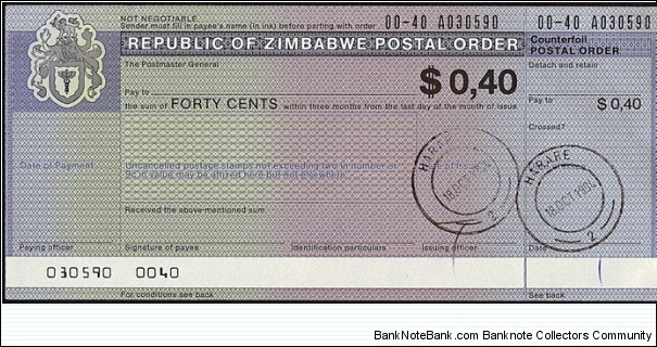 Zimbabwe 1994 40 Cents postal order. Banknote