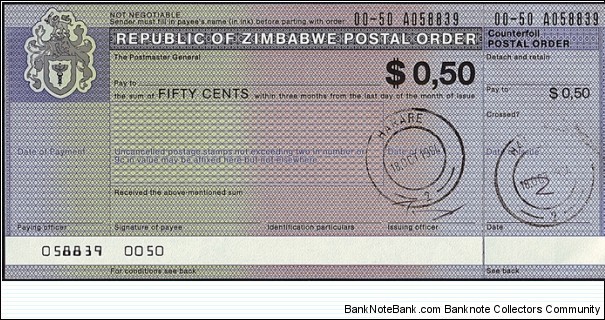 Zimbabwe 1994 50 Cents postal order. Banknote