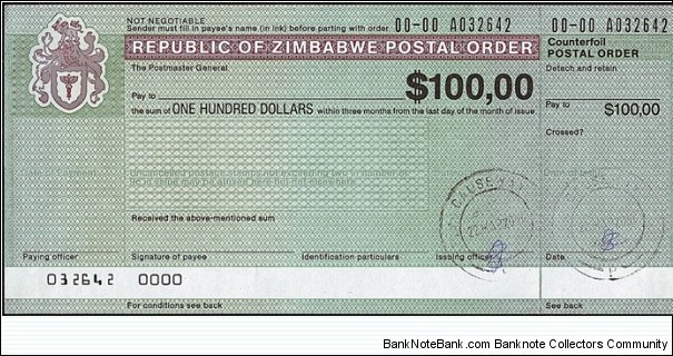 Zimbabwe 2004 100 Dollars postal order. Banknote