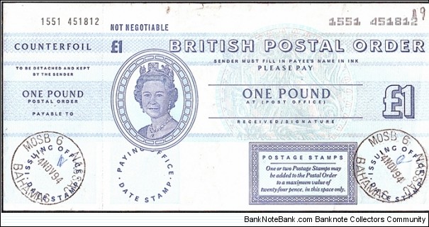 Bahamas 1994 1 Pound postal order. Banknote