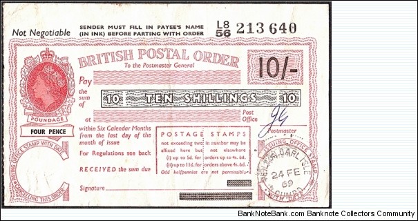 England 1969 10 Shillings postal order. Banknote