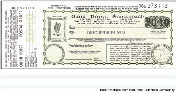 Ireland 1980 10 Pence postal order. Banknote