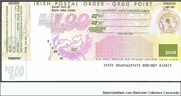 Ireland 1996 1 Pound postal order. Banknote
