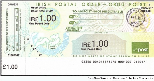 Ireland 1999 1 Pound postal order. Banknote