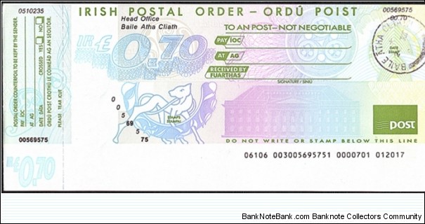 Ireland 1994 70 Pence postal order. Banknote
