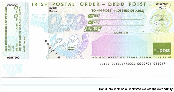 Ireland 1996 70 Pence postal order. Banknote