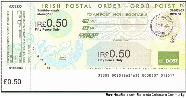 Ireland 2000 50 Pence postal order. Banknote