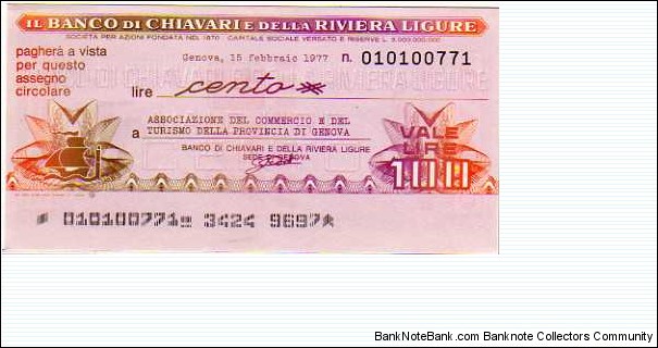 *Emergency Notes __ Local Mini-Check* __ 100 Lire__pk# NL__Banca di Chiavari (Genova)__15.02.1977 Banknote