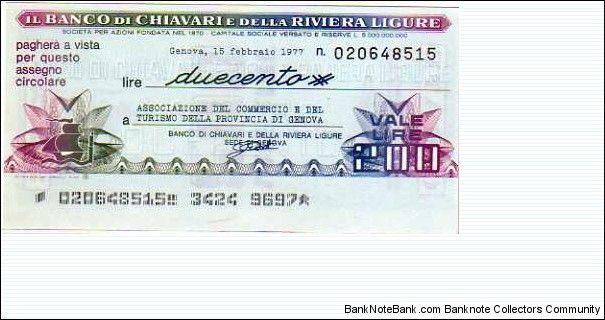 *Emergency Notes __ Local Mini-Check* __ 200 Lire__pk# NL__Banca di Chiavari (Genova)__15.02.1977  Banknote