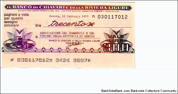 *Emergency Notes __ Local Mini-Check* __ 300 Lire__pk# NL__Banca di Chiavari (Genova)__15.02.1977  Banknote