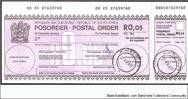 South Africa 1987 5 Cents postal order. Banknote