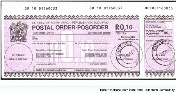 South Africa 1990 10 Cents postal order. Banknote