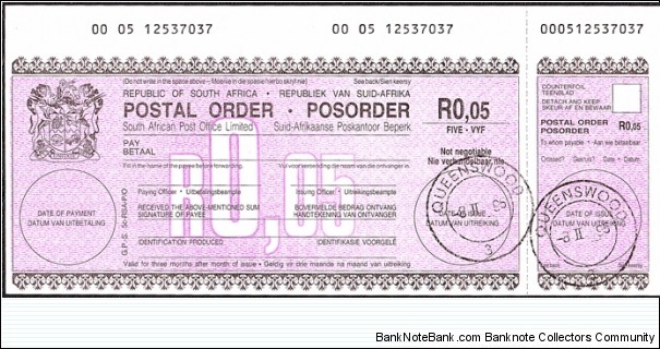 South Africa 1995 5 Cents postal order. Banknote