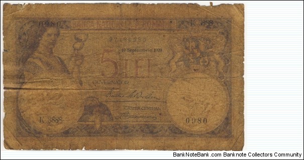 5 Lei - Kingdom of Romania 1929 Banknote