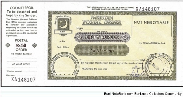 Pakistan 1999 50 Rupees postal order. Banknote