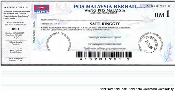 Perak 2009 1 Ringgit postal order. Banknote